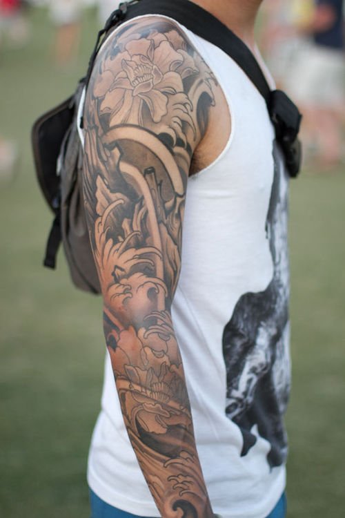 Right Sleeve Black And White Tattoo